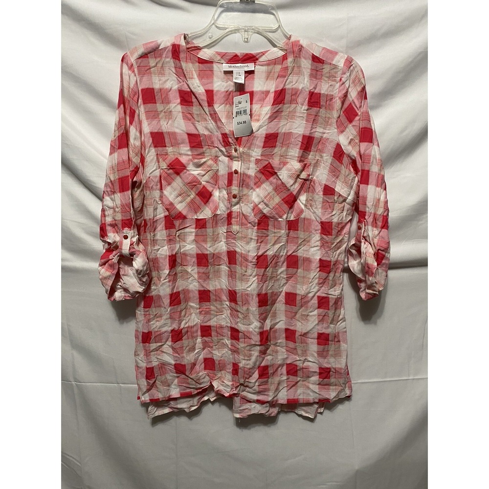 Motherhood red pink plaid maternity  Long shirt blouse size small NWT